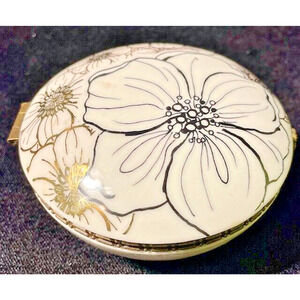 Trinket Box Anthropologie Ceramic White Gold & Black Floral 3.5" Vintage